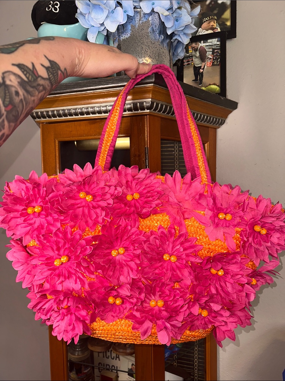 Bright Pink & Orange Floral Straw Tote Bag